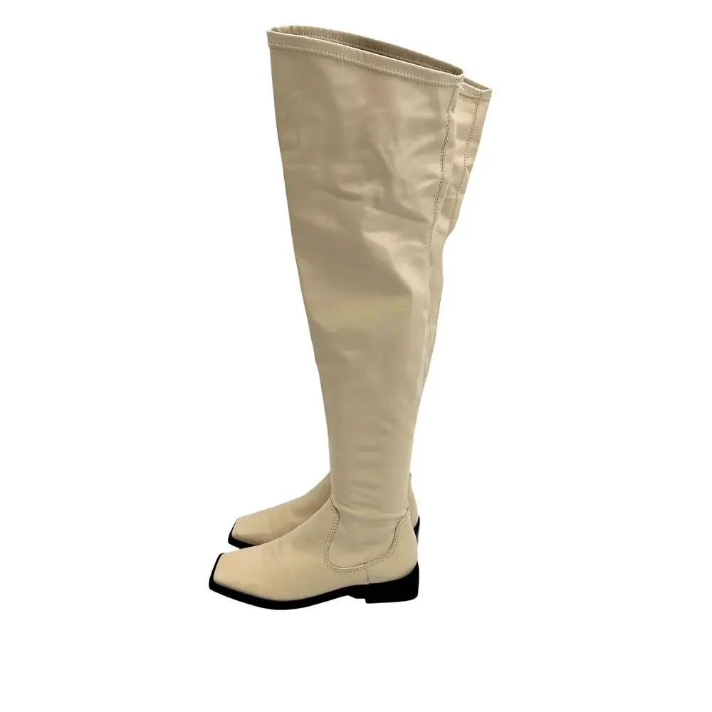 Schutz Guily Up Over The Knee Boots Eggshell Cream Leather‎ Square Toe Women 7.5